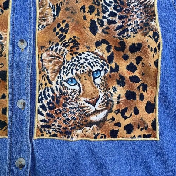VTG  Denim Leopard Cheetah Shirt Quacker Factory SS Button Jungle Safari Large - Picture 3 of 12